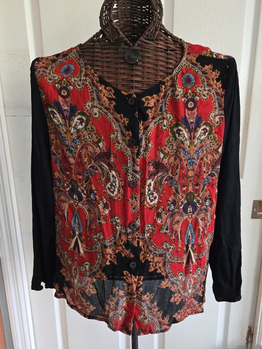 Carole Little Red Paisley Button-Front Long Sleeve Blouse with Black Sleeves